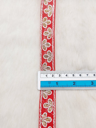 Wholesale Red Net Lace Floral Embroidery & Glitter Gold Sequins, Indian Wedding Border, Gifting Ribbon Costume Trim Fashion Trimming